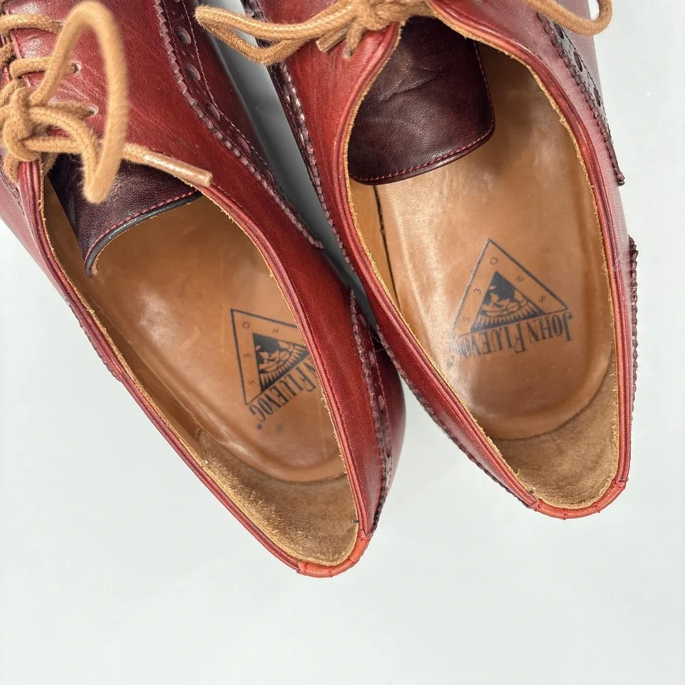 John Fluevog Shoes Mens 9.5 Red Brown Leather Twin Turbine Oxford Dress Lace Up